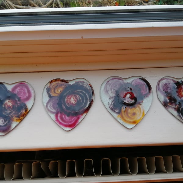 Fused Glass  Hearts and Flowers Coasters set of 4