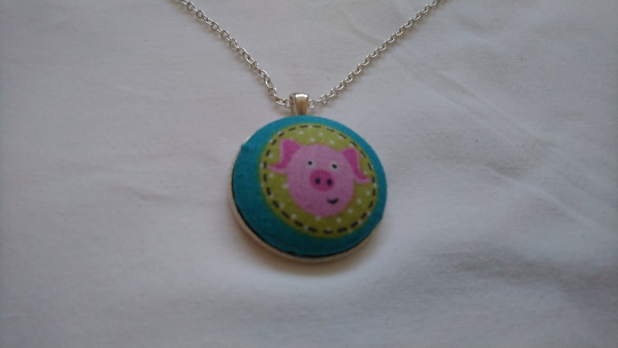 38mm Pig Design Fabric Covered Button Pendant