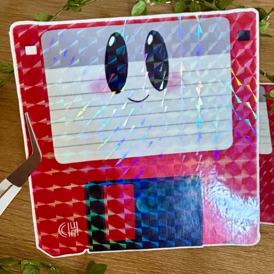 Holographic Red Floppy Disk Sticker - Y2K Retro Tech Vinyl Planner Sticker