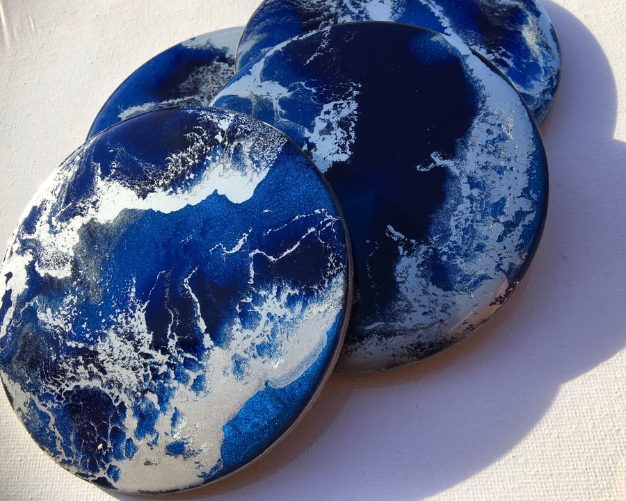 Blue and silver, lightweight, round coasters, heat and scratch resistant resin
