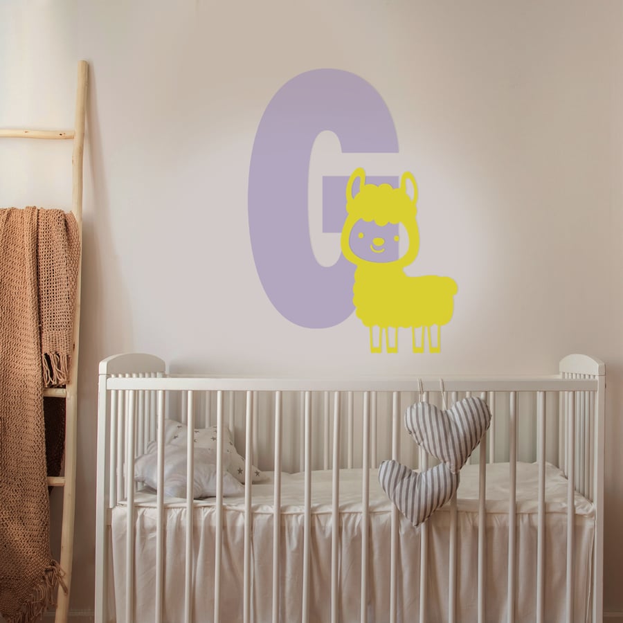 Personalised Initial & Animal Wall Sticker - Llama: Farm Custom Kids Room Decor