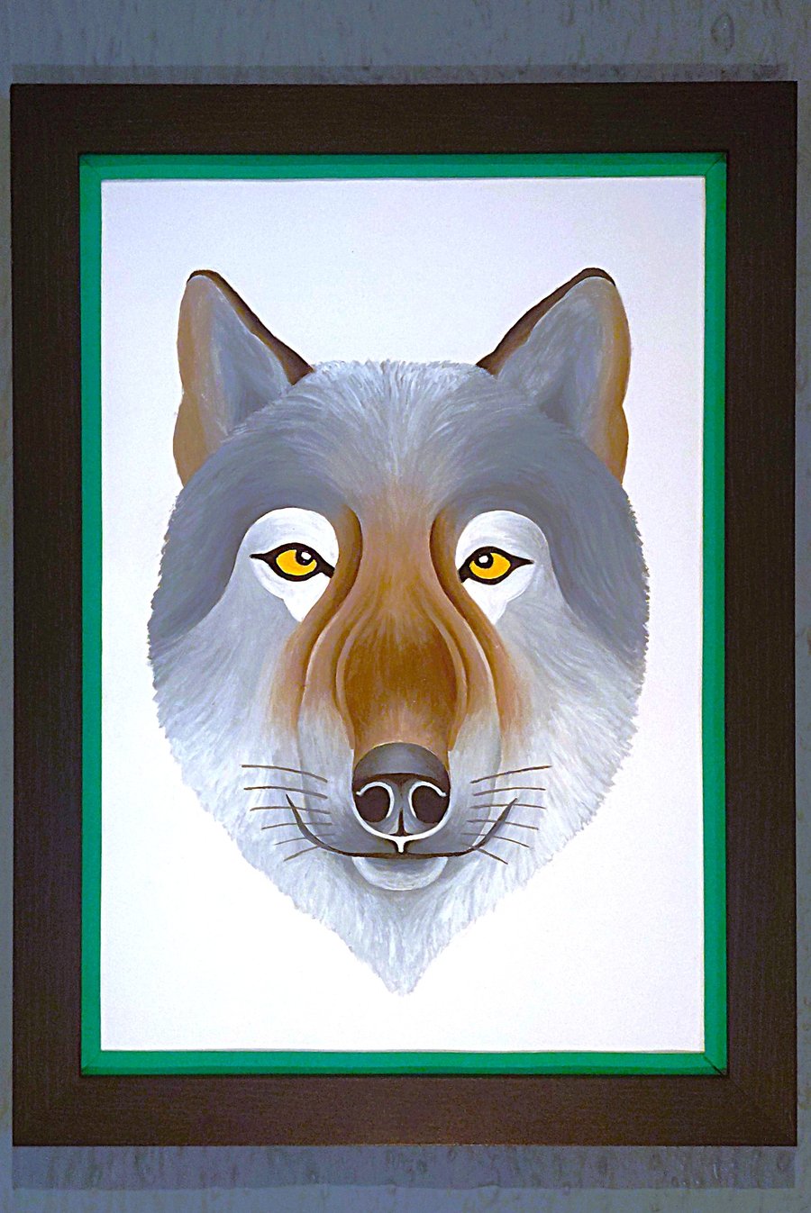 Handmade Unique Framed A3 Print Wolf Portrait Green Border Wallart Gift Present