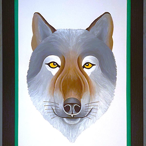 Handmade Unique Framed A3 Print Wolf Portrait Green Border Wallart Gift Present