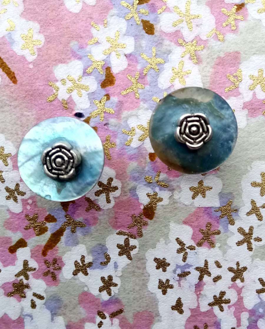 Lovely Pale Blue Shell Stud Earrings with Tibetan Silver Roses