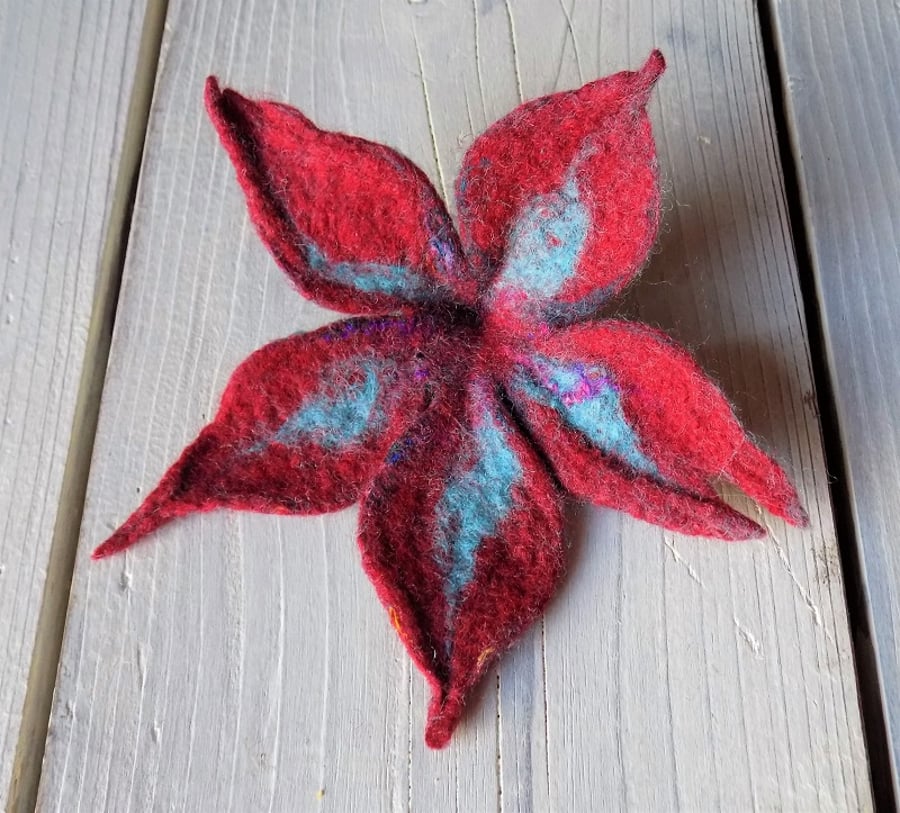 Felted flower brooch: merino wool and silk in wine red and light teal