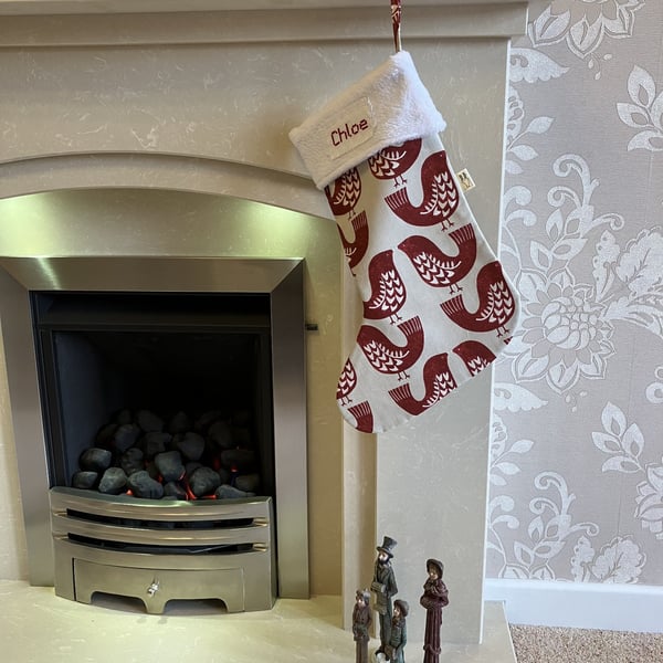 Personalised Christmas Stocking, Love Birds Christmas Stocking, Handmade in UK