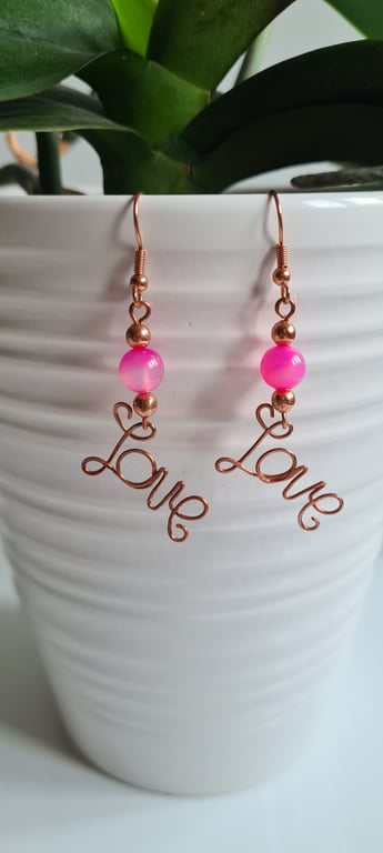 Pink Agate & Copper Dangle LOVE  Earrings Gift Crystal Jewellery Jewelry 