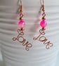 Pink Agate & Copper Dangle LOVE  Earrings Gift Crystal Jewellery Jewelry  - Image 1