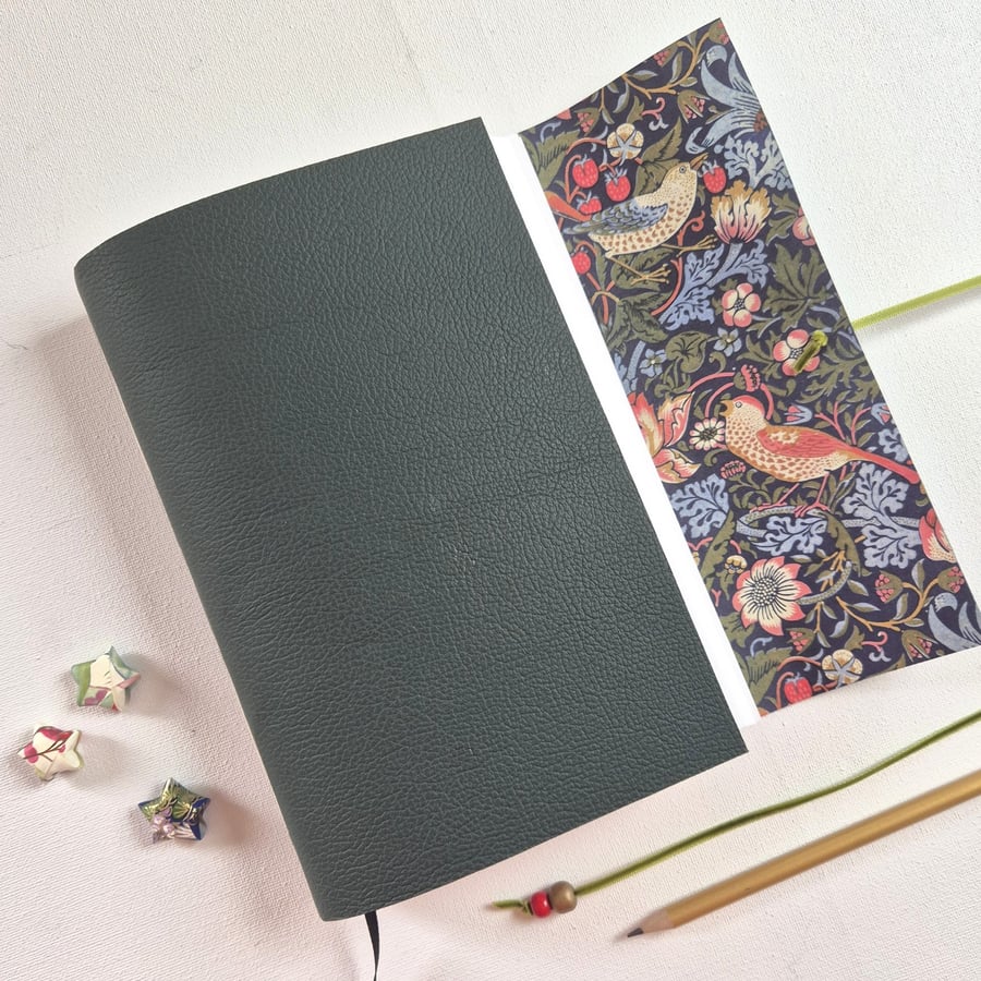 Strawberry Thief Journal Hand Bound in Dark Green Leather, A5