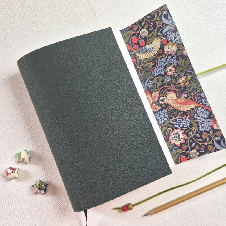 Strawberry Thief Journal Hand Bound in Dark Green Leather, A5