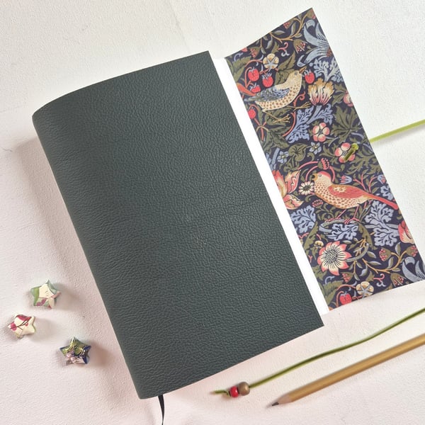Strawberry Thief Journal Hand Bound in Dark Green Leather, A5