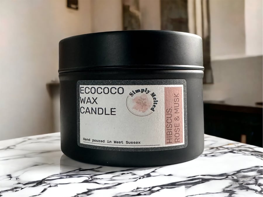 Luxury Hibiscus, Rose Musk Coconut Wax Candle In A Tin, Unique Floral Scented, P