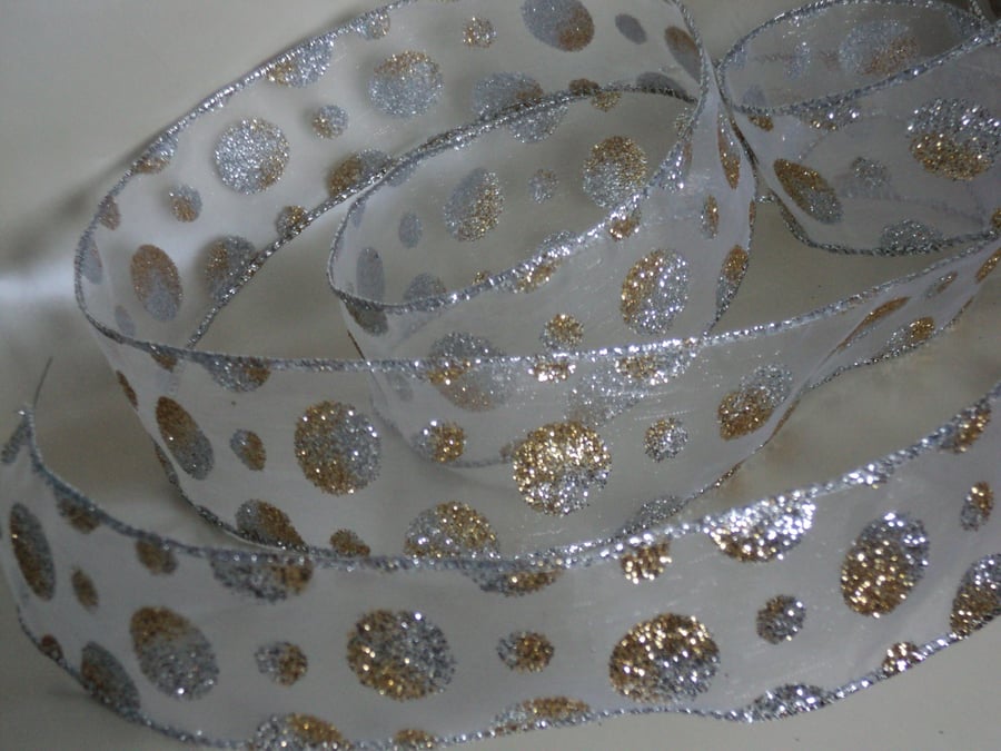 1 Metre Wire Edged Xmas Ribbon 38mm Gold Silver Polka Dot Spots
