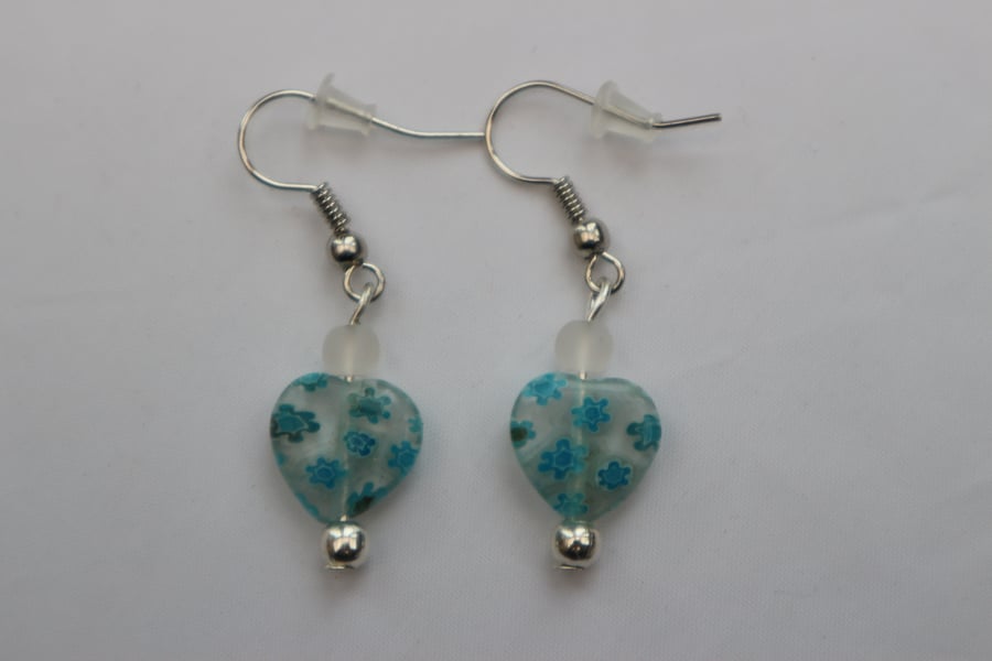 Silver plated beaded earrings- turquoise and clear millefiori heart