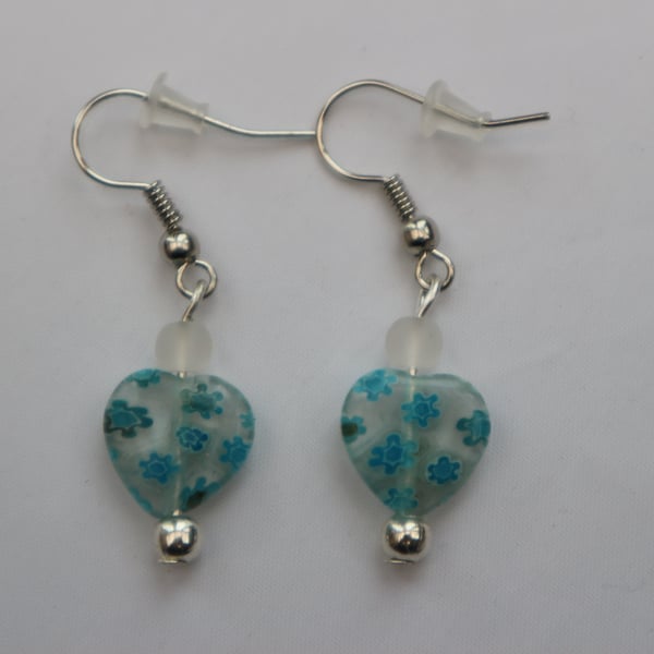 Silver plated beaded earrings- turquoise and clear millefiori heart