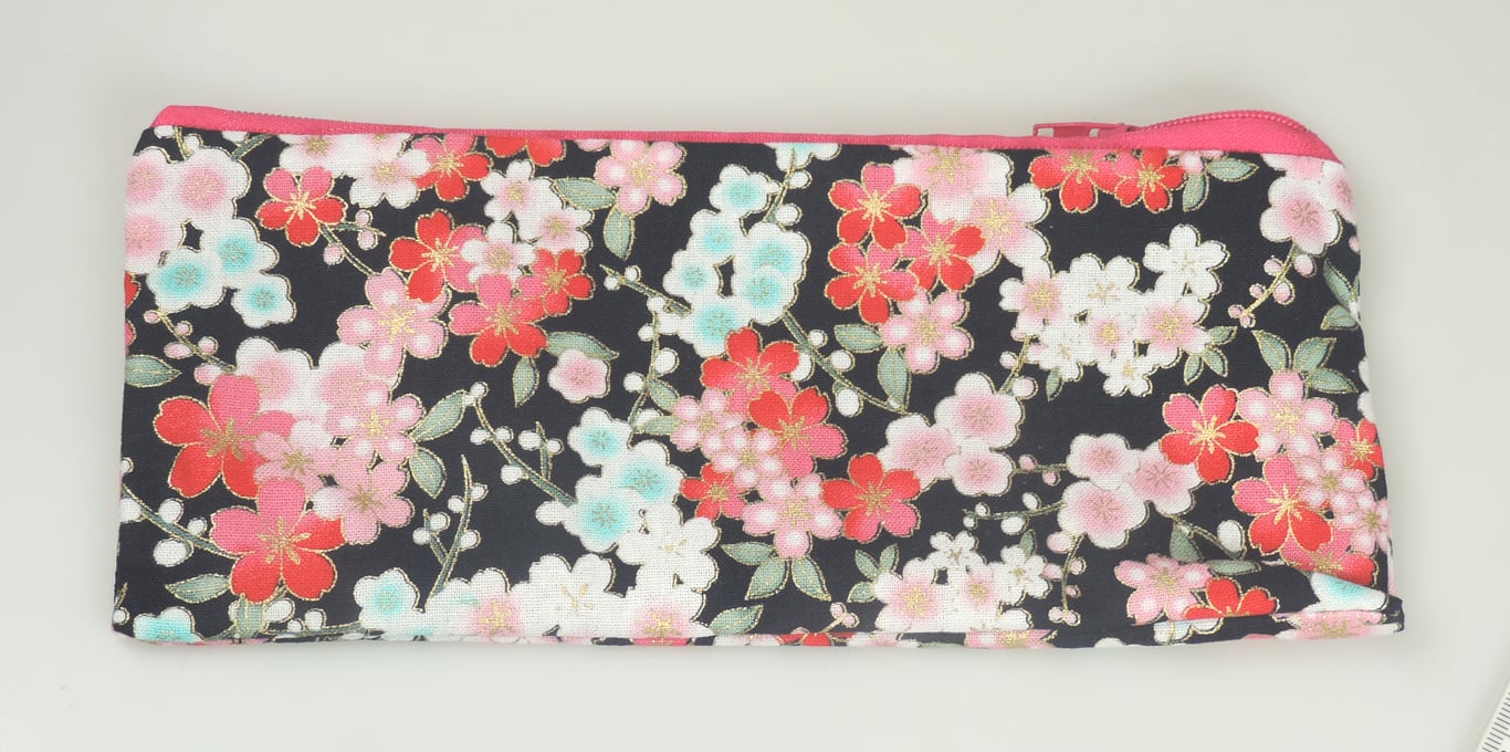 Japanese blossom Pattern zipped lined pencil case, Stationary, school, gift, 