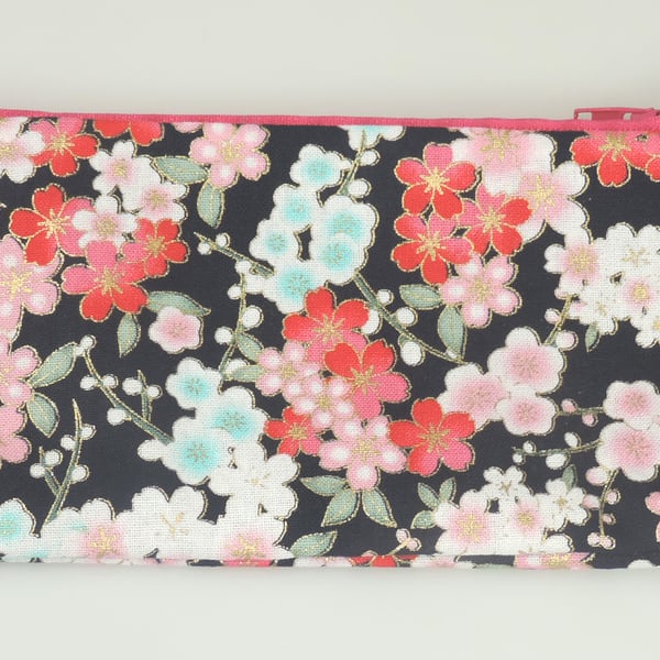 Japanese blossom Pattern zipped lined pencil case, Stationary, school, gift, 