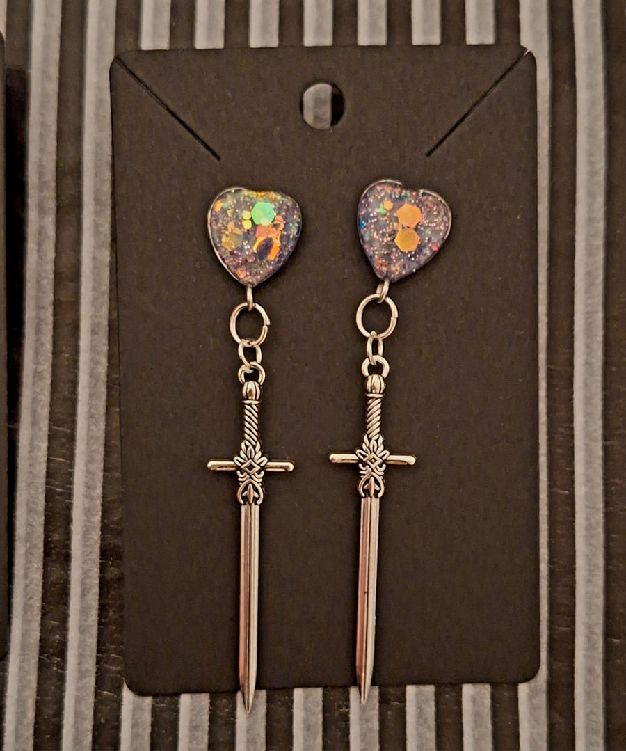 Gothic glitter blue pink heart dangly earrings sword studs