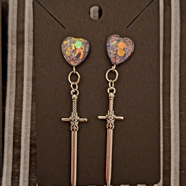 Gothic glitter blue pink heart dangly earrings sword studs