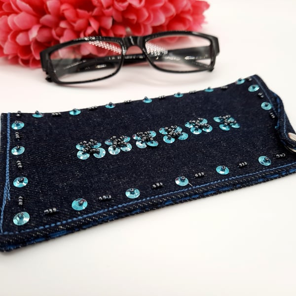 Glasses case in blue denim, teal sequins and gun metal seed beads 