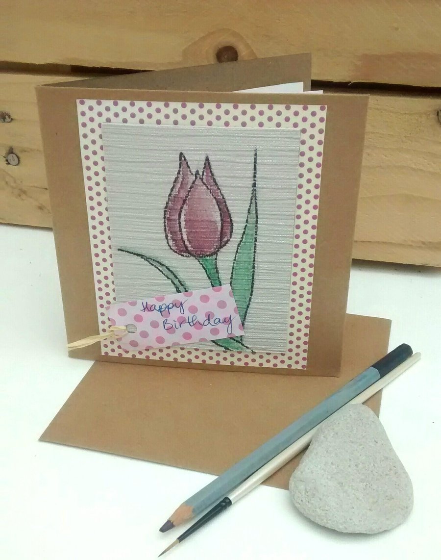 Birthday Card, Tulip, Handpainted, Upcycled Card