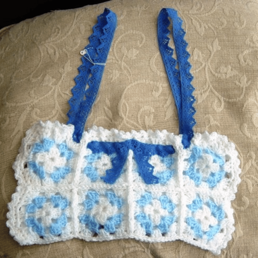 Bow Peep, Crocheted Knitting Bag, Blue Floral detail & Ribbon Handles.