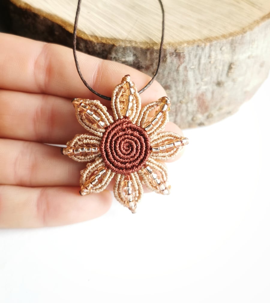 Macrame flower necklace, hand woven micro macrame pendant