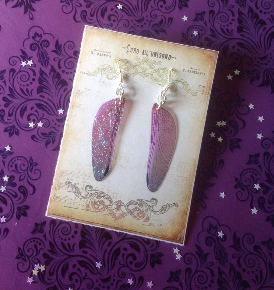Faux Dragonfly Fairy Wing Iridescent Sterling Silver Earrings - Mauve & Heather