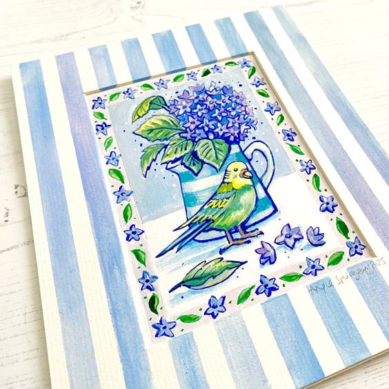 Original Painting of Budgerigar and Hydrangea Flowers, Watercolour and Ink