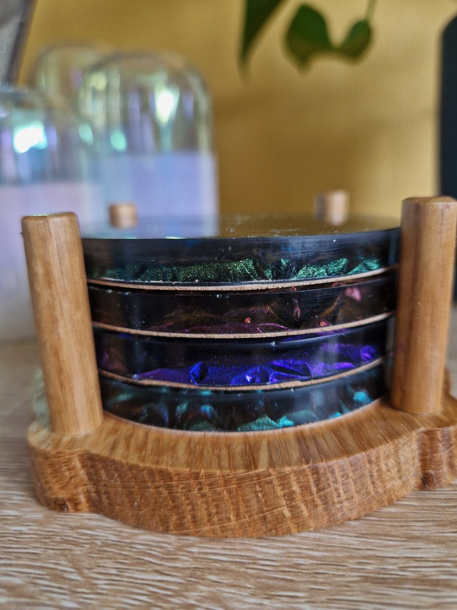 Set of 4 unique Velvet effect rich coloured Resin Coasters with Real Oak holder