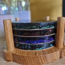 Set of 4 unique Velvet effect rich coloured Resin Coasters with Real Oak holder