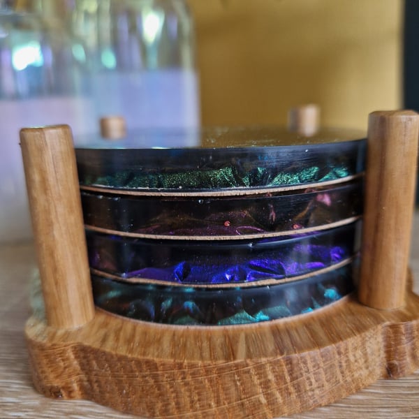 Set of 4 unique Velvet effect rich coloured Resin Coasters with Real Oak holder