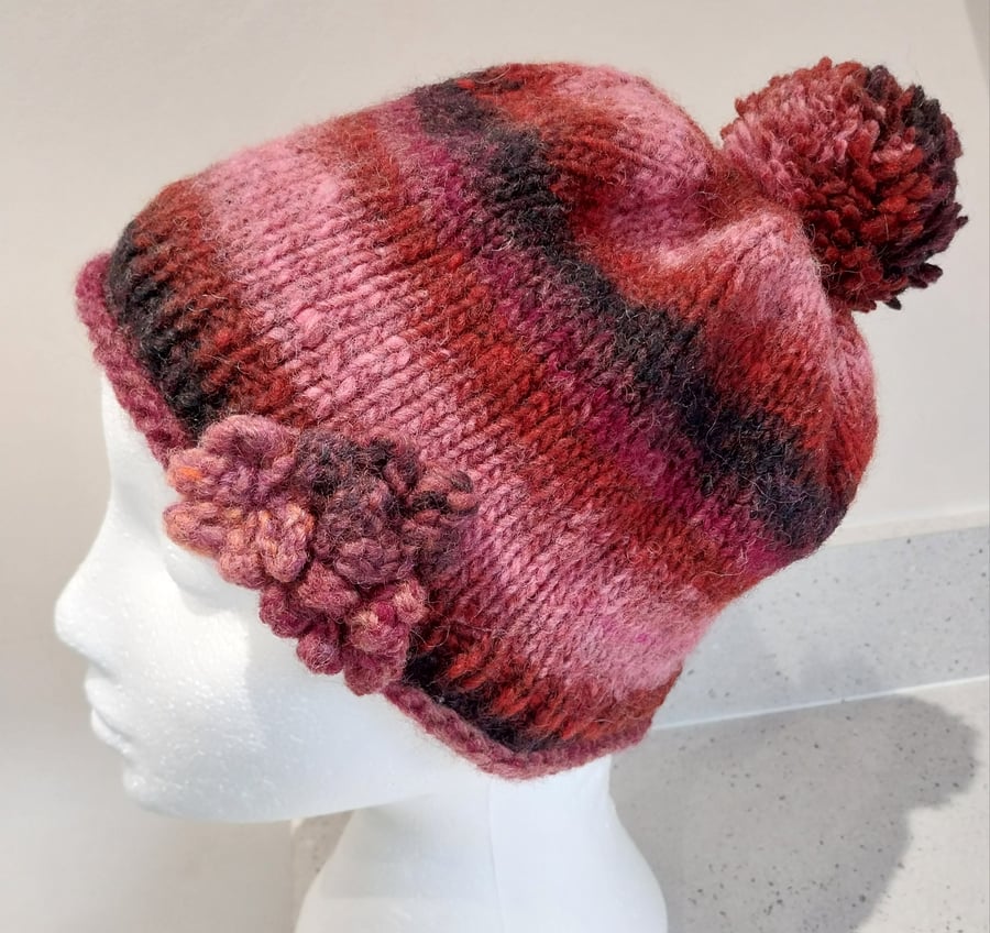 Handknit Noro 3-flower PomPom Beanie Hat 100% wool browns terracotta pink SMALL