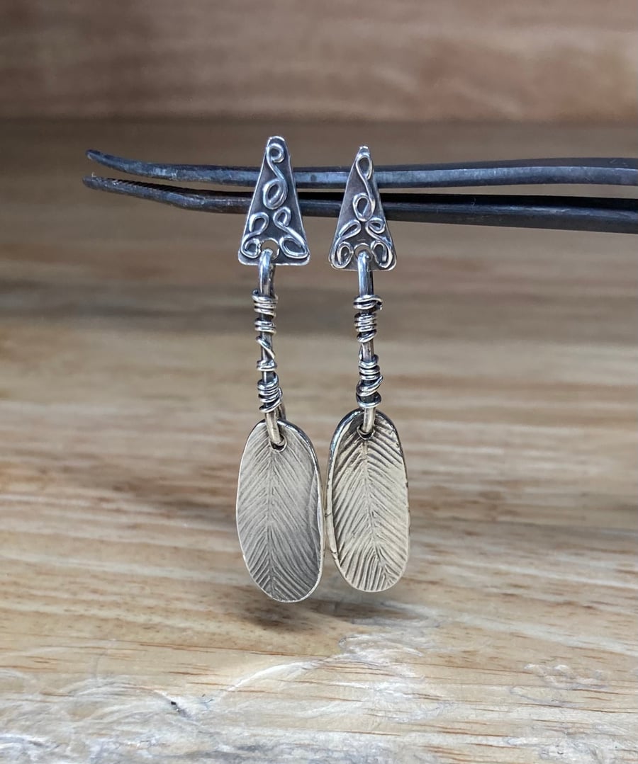 Unique Handmade Sterling Silver Dangle Earrings with Filigree & Feather Detail