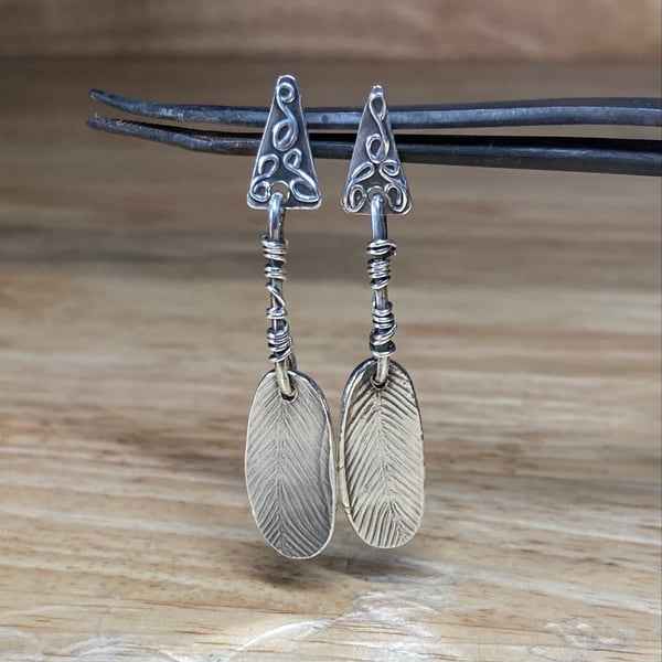 Unique Handmade Sterling Silver Dangle Earrings with Filigree & Feather Detail