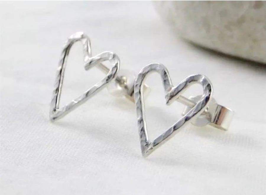 Sterling Silver Heart Ear Stud Earrings 11mm Hammered-Sparkly Handmade UK