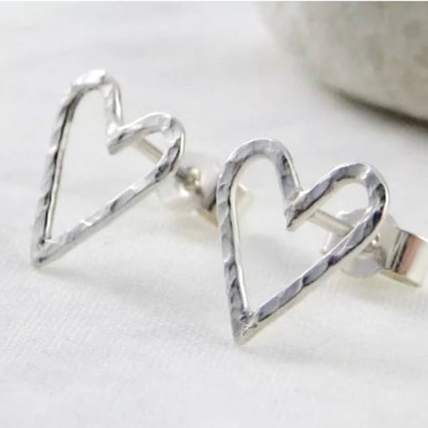Sterling Silver Heart Ear Stud Earrings 11mm Hammered-Sparkly Handmade UK