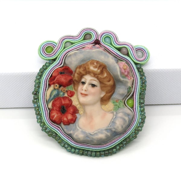 Handmade soutache brooch porcelain cameo pastel boho gift for her
