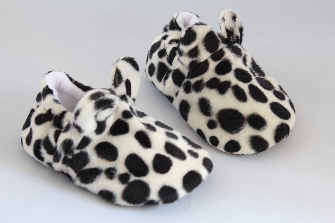 Toddler size 6 Dalmatian print faux fur teddy slippers, kids slippers.
