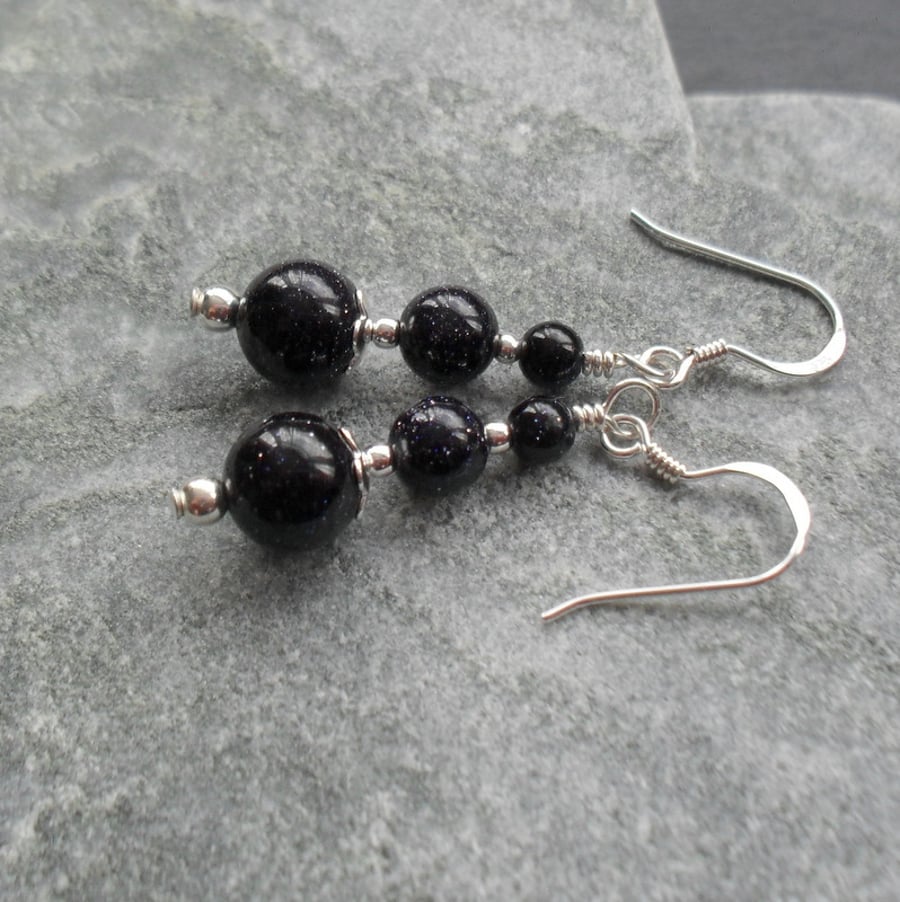Blue Goldstone Drop Earrings Sterling Silver