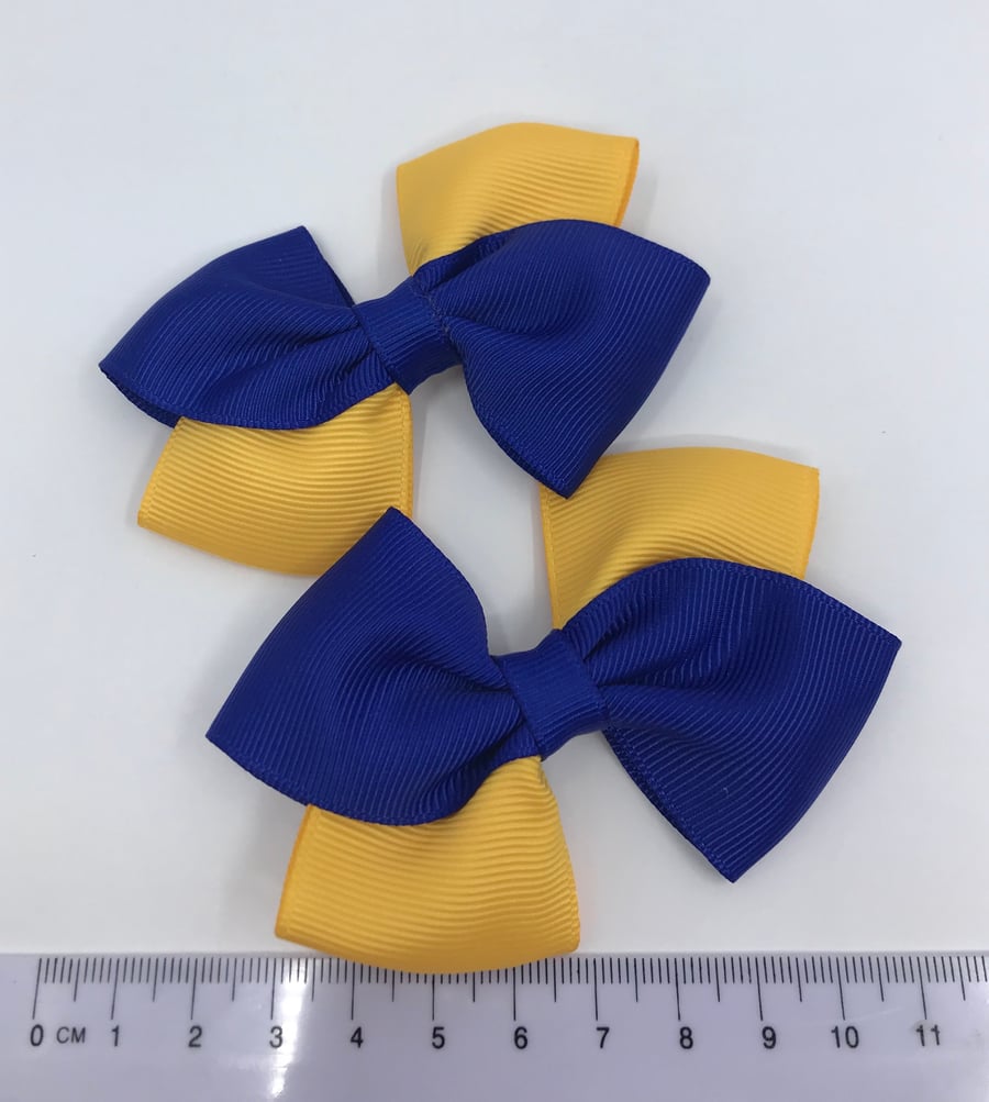 Cobalt Blue and Yellow Gold Diagonal Double with Bows on Clips (pair)