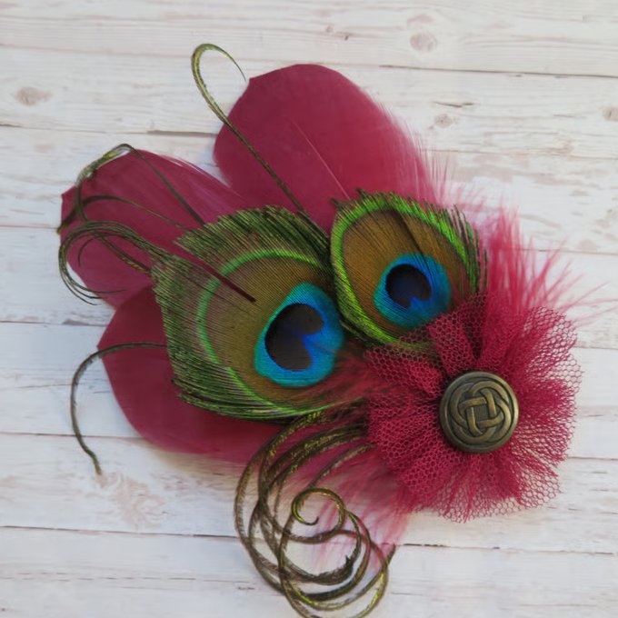 Burgundy Cranberry Red & Bronze Small Feather Celtic Button Hair or Hat Clip