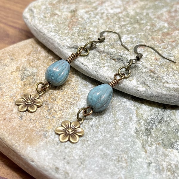 Sky blue and bronze beaded flower earrings