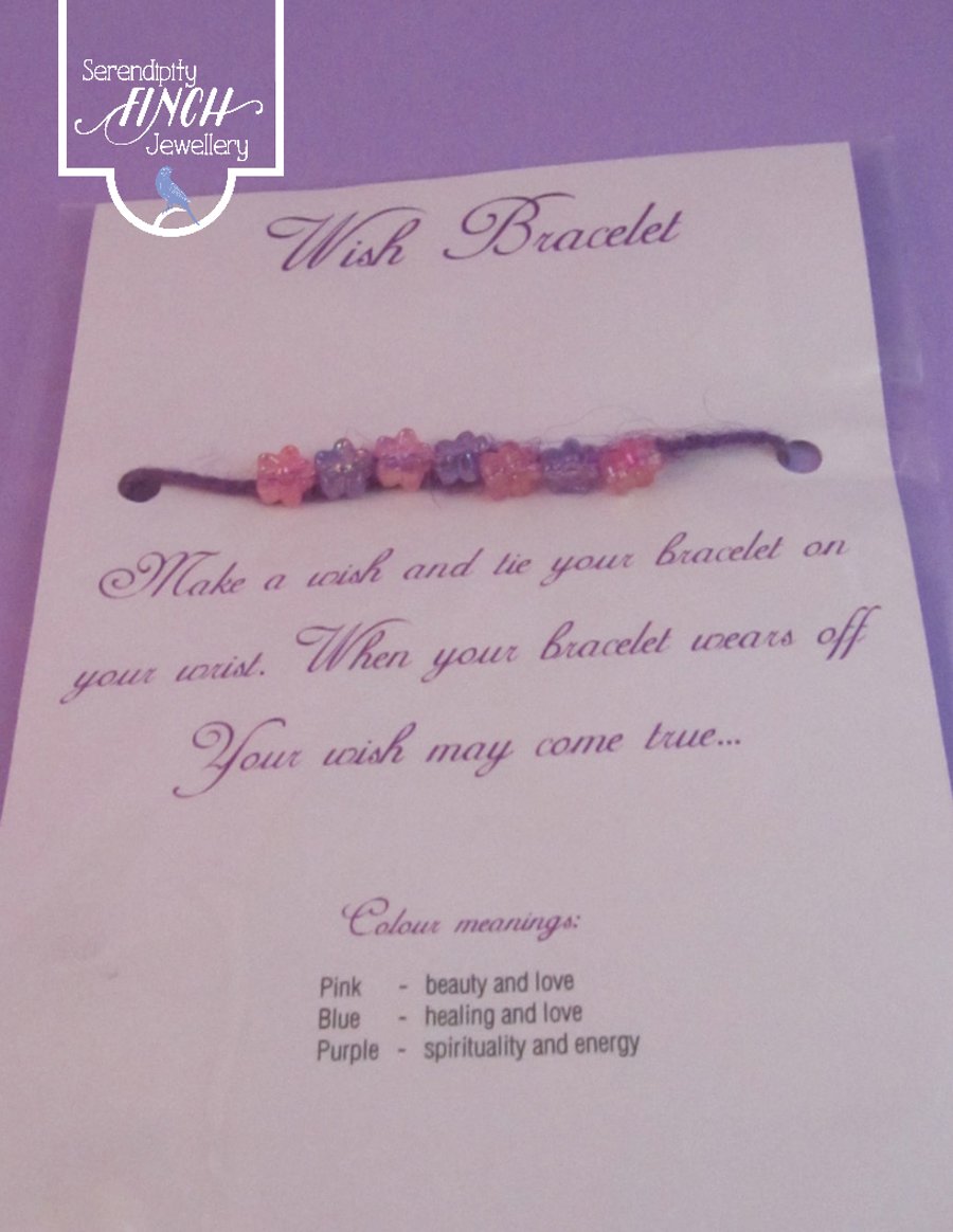 Flower Wish Bracelet, Purple Pink Wish Bracelet, Jute Bracelet