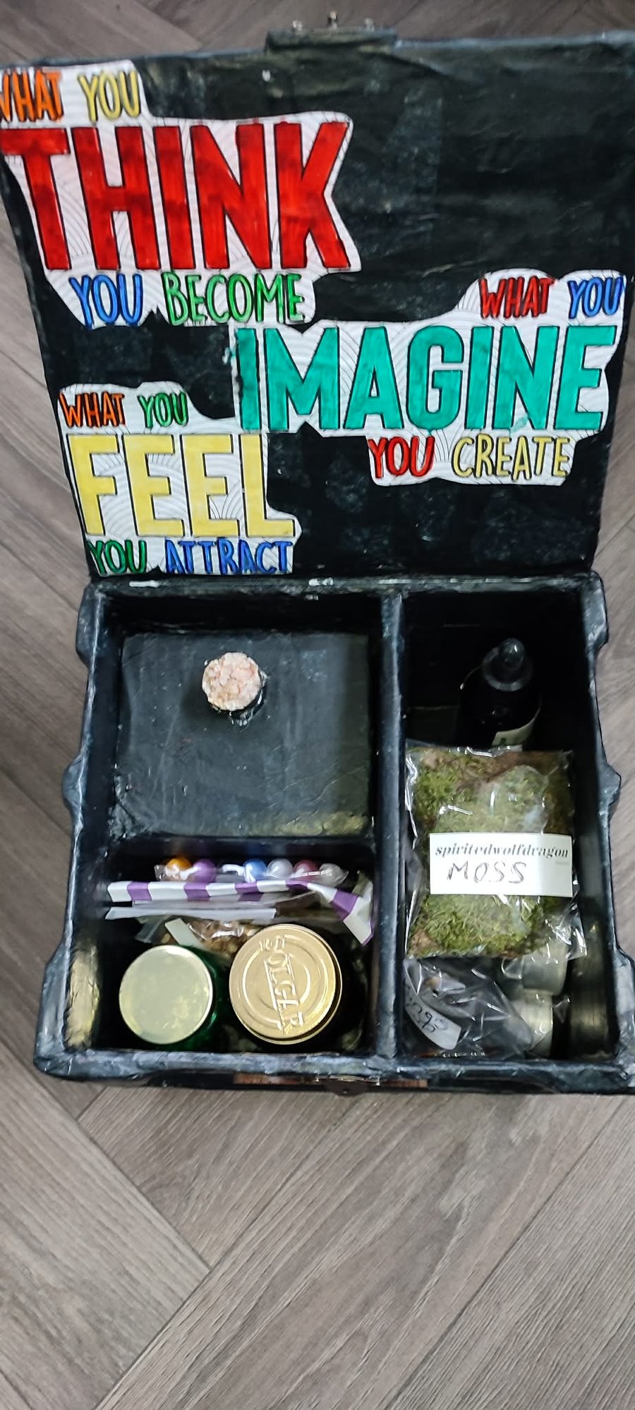 little black box of peace and love handmade filled with goody's for warding off 