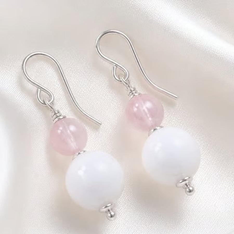Sterling Silver Rose Quartz & White Agate Gemstone Drop Earrings