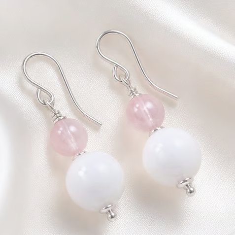 Sterling Silver Rose Quartz & White Agate Gemstone Drop Earrings