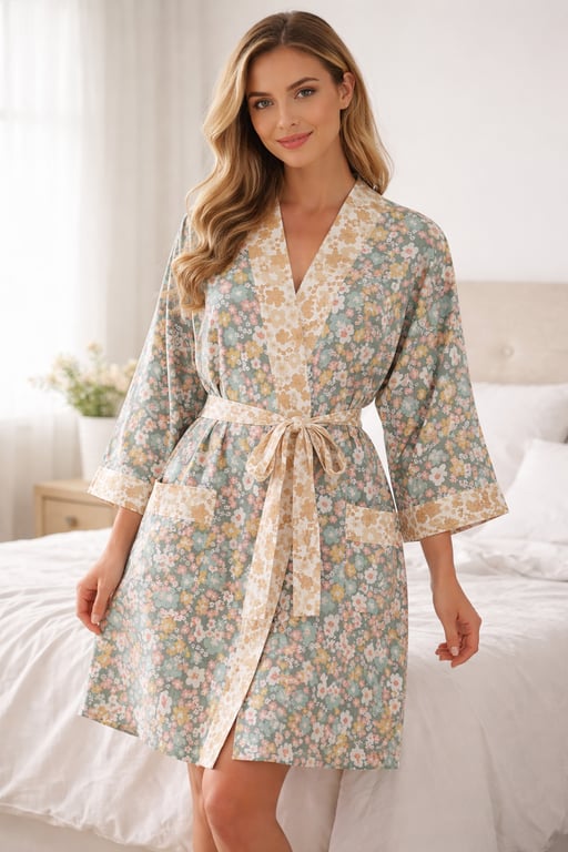 Bath Robe teal floral kimono style summer dressing gown one size 10 to 16