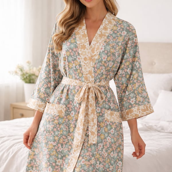Bath Robe teal floral kimono style summer dressing gown one size 10 to 16