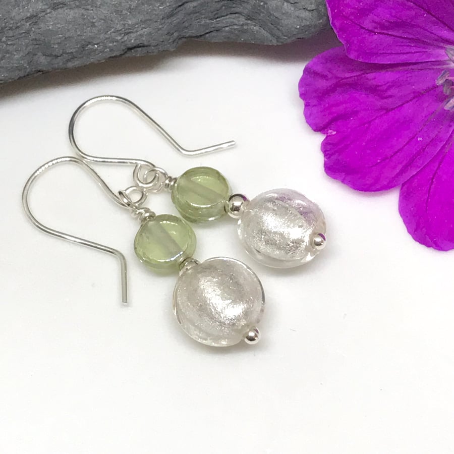 Sterling Silver, Green and White Earrings 